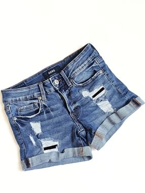 AERO Distressed Denim Shorts Low Rise Size 2 Cuffed Stretch Blue